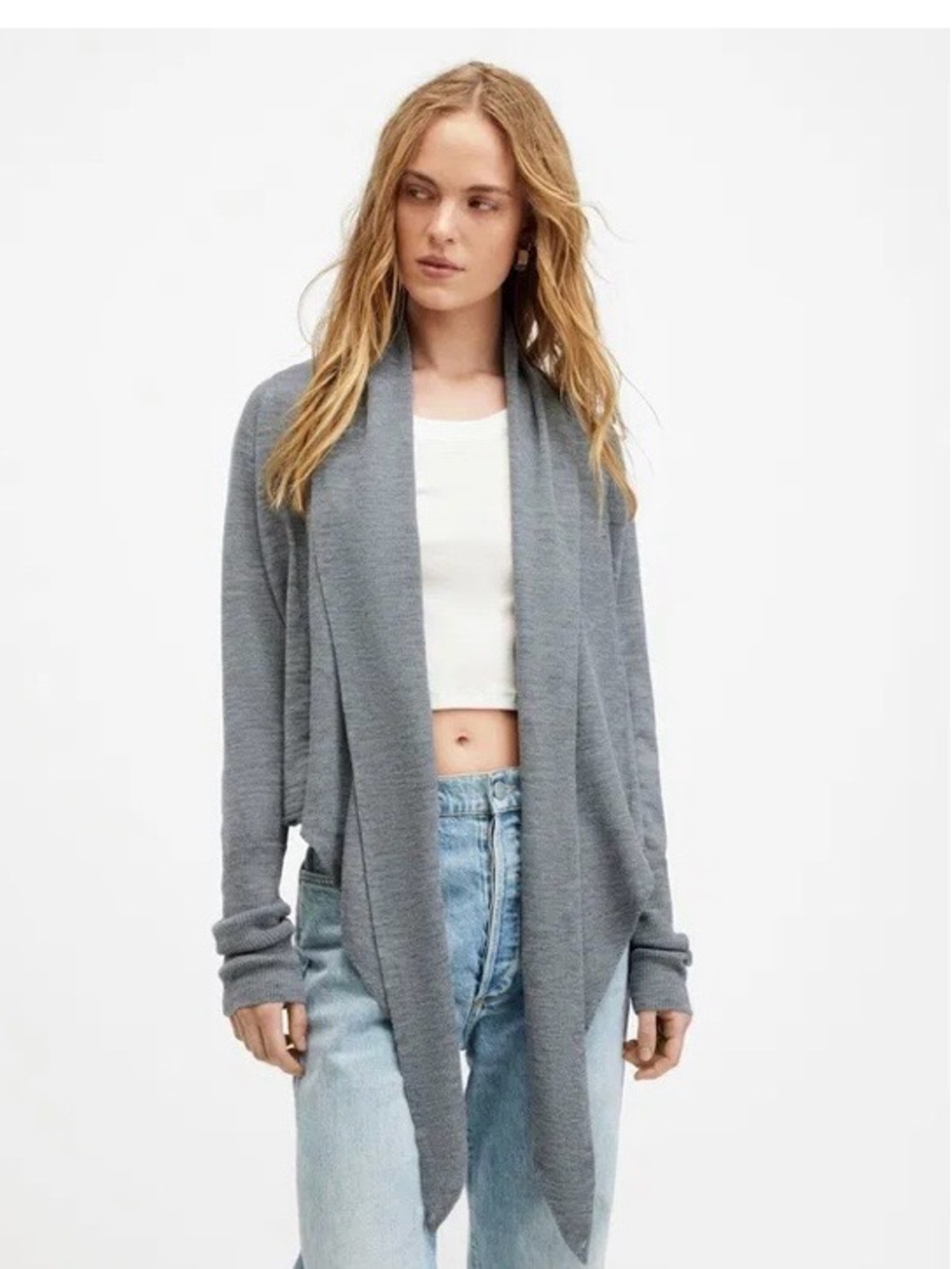 AllSaints Wasson Pirate Wrap Merino Wool Grey Open-Front Draped Cardigan